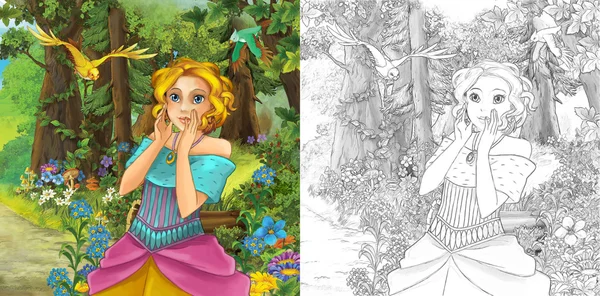 Kreskówka scena z cute księżniczka w lesie — Zdjęcie stockowe