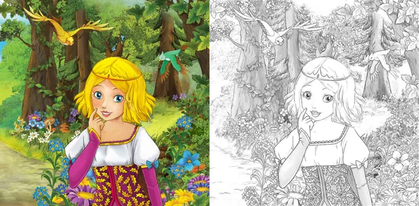 Kreskówka scena z cute księżniczka w lesie — Zdjęcie stockowe
