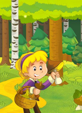 çizgi film Sonbahar Doğa arka plan dağlar - yakınındaki ormanda illüstrasyon çocuklar için mantar toplama kızla