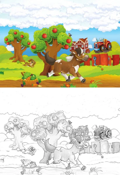 Escena Dibujos Animados Con Bosquejo Con Animales Granja Rancho Ilustración —  Fotos de Stock