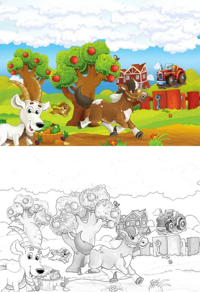 Tecknad Scen Med Skiss Med Gården Ranch Djur Illustration För — Stockfoto