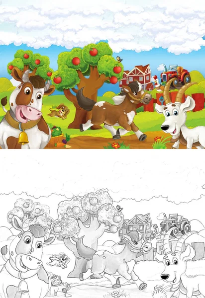 Cartoon Scene Sketch Farm Ranch Animals Illustration Children — Stock Photo, Image