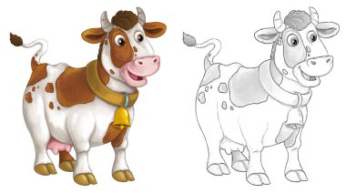 İnek boğalı karikatür sahnesi çocuklar için sanatsal bir tasvir.