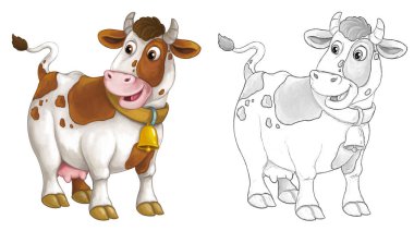 İnek boğalı karikatür sahnesi çocuklar için sanatsal bir tasvir.