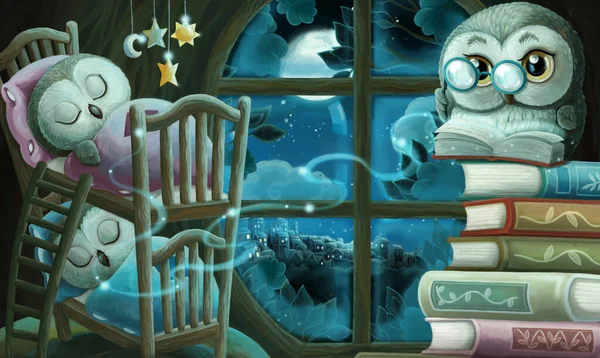 cartoon image with smart owl with books forest by night - illustration for children