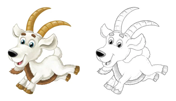 带有角山羊的卡通素描场景正在跳跃着 看起来和微笑着 艺术风格 儿童插图 — 图库照片