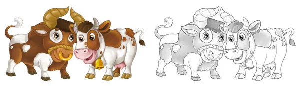 Γελοιογραφία Σκετς Σκηνή Ταύρο Αγελάδα Ψάχνει Και Χαμογελά Καλλιτεχνικό Στυλ — Φωτογραφία Αρχείου