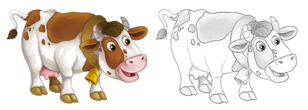 带有奶牛的卡通素描场景正在寻找和微笑 艺术风格 儿童插图 — 图库照片
