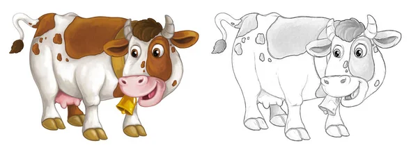 带有奶牛的卡通素描场景正在寻找和微笑 艺术风格 儿童插图 — 图库照片