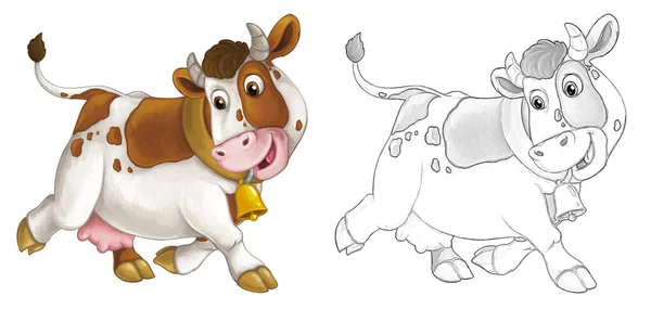 Cartoon Schets Scène Met Koe Stier Zoek Glimlachen Artistieke Stijl — Stockfoto