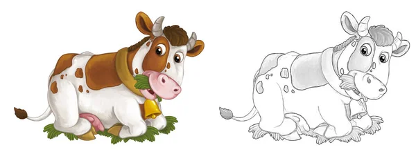 牛の雄牛と漫画のスケッチシーンは見て笑っています 芸術的なスタイル 子供のためのイラスト — ストック写真