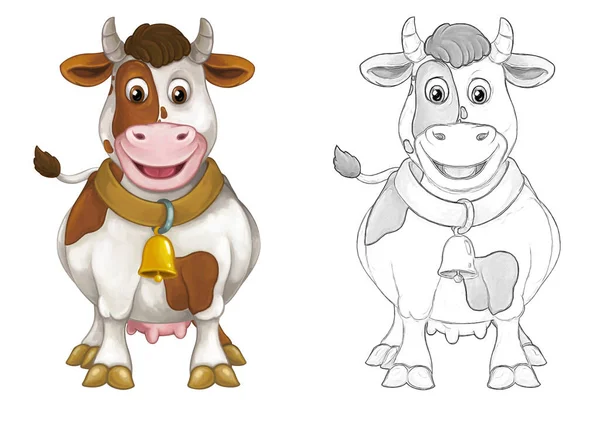 Cartoon Schets Scène Met Koe Stier Zoek Glimlachen Artistieke Stijl — Stockfoto