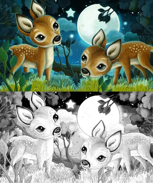 cartoon image with sketch with deer forest by night - illustration for children