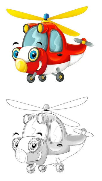 cartoon sketch scene with fireman helicopter - illustration for children