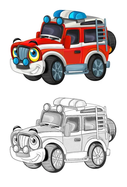 Escena Dibujos Animados Con Coche Bombero Todoterreno Ilustración Para Niños — Foto de Stock