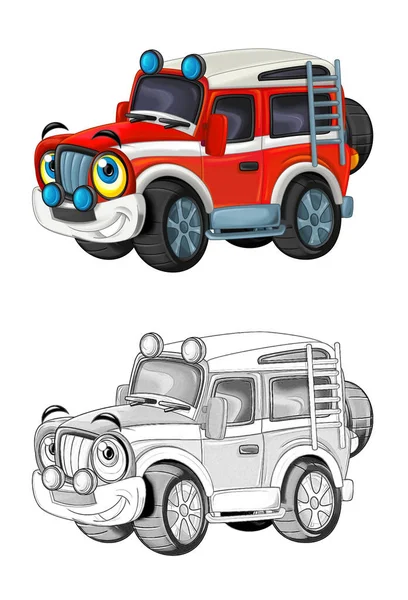 オフロード消防車と漫画のスケッチシーン イラスト 子供向けイラスト — ストック写真