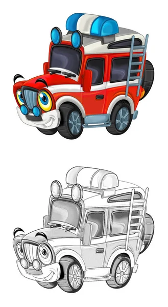 Escena Dibujos Animados Con Coche Bombero Todoterreno Ilustración Para Niños — Foto de Stock