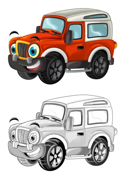 Bozzetto Cartone Animato Scena Con Fuoristrada Auto Pompiere Illustrazione Bambini — Foto Stock