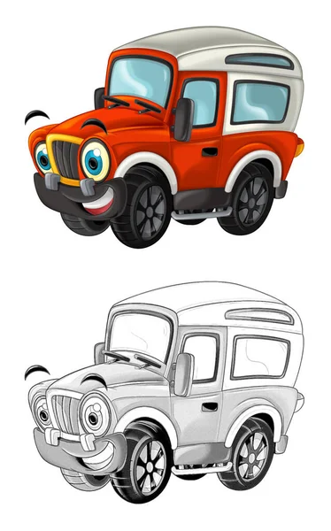 Bozzetto Cartone Animato Scena Con Fuoristrada Auto Pompiere Illustrazione Bambini — Foto Stock