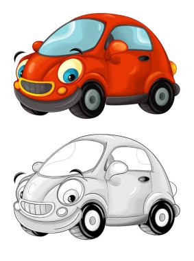 Çizgi film spor arabası gülümsüyor ve beyaz arka plana bakıyor - çocuklar için çizimler