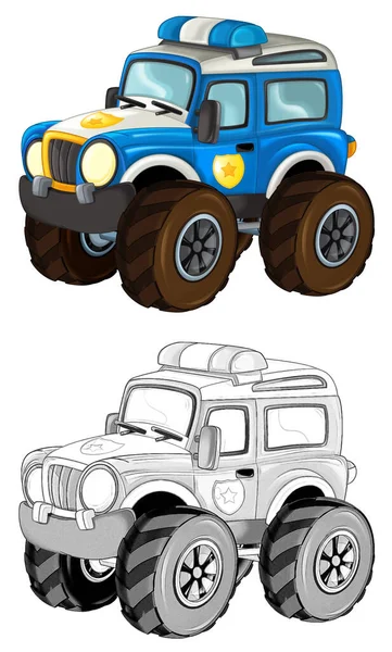 Cartoon Sketch Szene Mit Geländegängigem Polizeiauto Illustration Für Kinder — Stockfoto