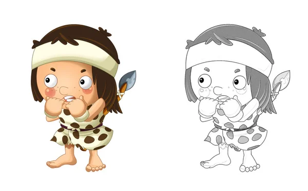 Cartoon Sketch Scene Happy Caveman Barbarian Warrior Spear White Background — Stock Photo, Image
