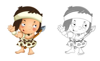 Mutlu mağara adamı barbar savaşçı balıkçı çocuk resimli karikatür sahnesi.