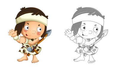 Mutlu mağara adamı barbar savaşçı balıkçı çocuk resimli karikatür sahnesi.