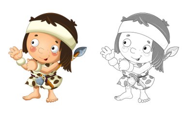 Mutlu mağara adamı barbar savaşçı balıkçı çocuk resimli karikatür sahnesi.