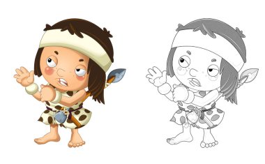 Mutlu mağara adamı barbar savaşçı balıkçı çocuk resimli karikatür sahnesi.