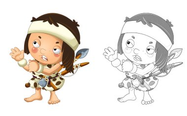 Mutlu mağara adamı barbar savaşçı balıkçı çocuk resimli karikatür sahnesi.