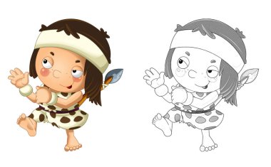 Mutlu mağara adamı barbar savaşçı balıkçı çocuk resimli karikatür sahnesi.