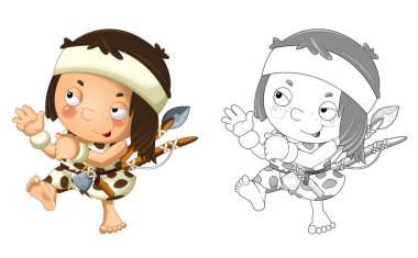 Mutlu mağara adamı barbar savaşçı balıkçı çocuk resimli karikatür sahnesi.