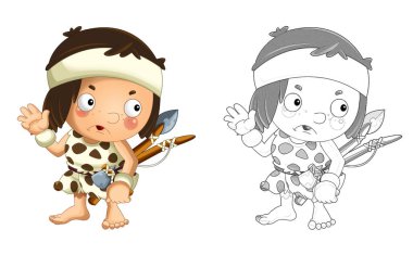 Mutlu mağara adamı barbar savaşçı balıkçı çocuk resimli karikatür sahnesi.