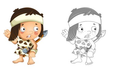 Mutlu mağara adamı barbar savaşçı balıkçı çocuk resimli karikatür sahnesi.