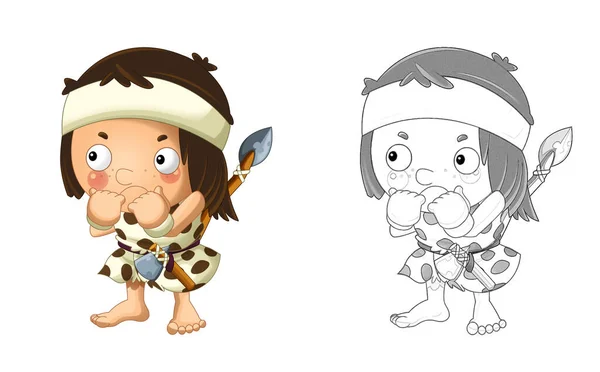 Cartoon Sketch Scene Happy Caveman Barbarian Warrior Hunter Fisherman Illustration — Stock Photo, Image