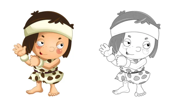 Cartoon Sketch Scene Happy Caveman Barbarian Warrior Hunter Fisherman Illustration — Stock Photo, Image