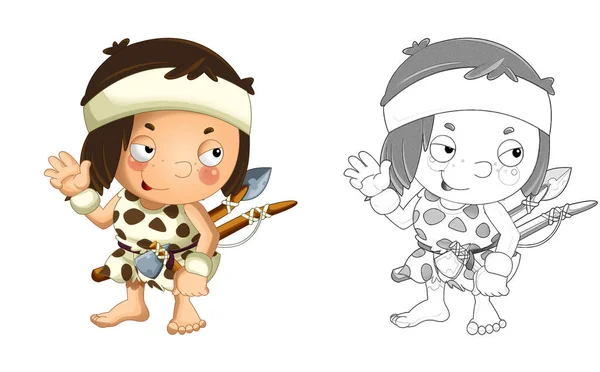 cartoon sketch scene with happy caveman barbarian warrior hunter fisherman illustration for children