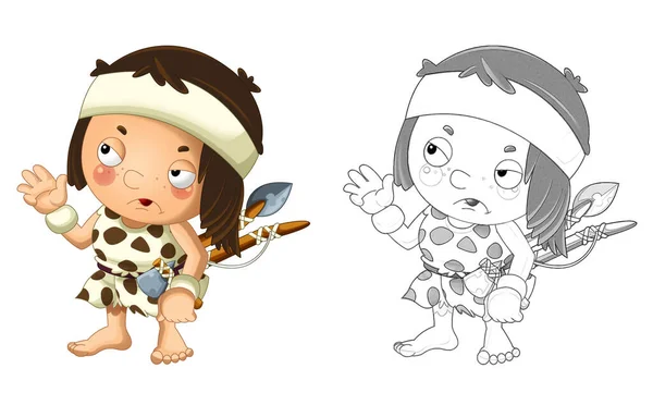 Desenho Animado Cena Com Feliz Caveman Guerreiro Bárbaro Caçador Pescador — Fotografia de Stock
