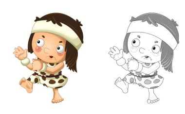 Mutlu mağara adamı, mızraklı barbar savaşçı çocuklar için beyaz arkaplanlı çizim sahnesi.