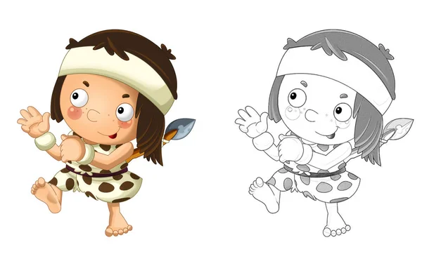 Cartoon Sketch Scene Happy Caveman Barbarian Warrior Spear White Background — Stock Photo, Image