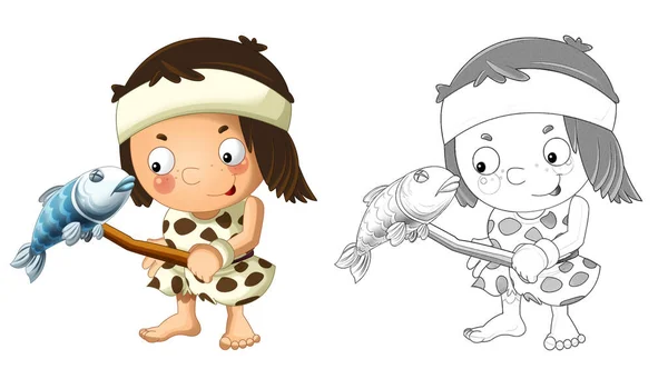 cartoon sketch scene with happy caveman barbarian warrior with spear on white background illustration for children