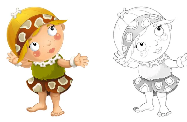 Cartoon Sketch Scene Happy Caveman Barbarian Warrior Woman White Background — Stock Photo, Image