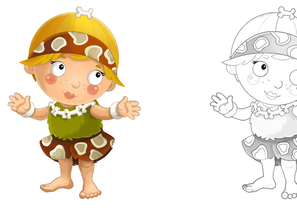 cartoon sketch scene with happy caveman barbarian warrior woman on white background illustration for children