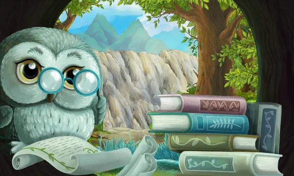 cartoon scene with owl in the tree hole in the forest reading book - illustration for children