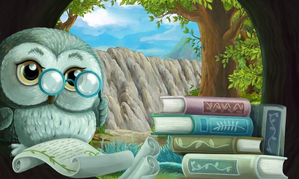 cartoon scene with owl in the tree hole in the forest reading book - illustration for children