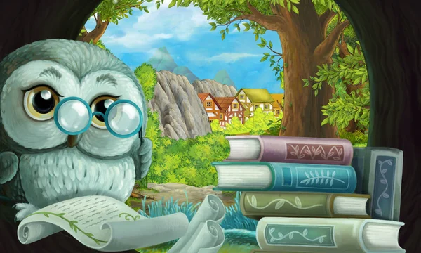 cartoon scene with owl in the tree hole in the forest reading book - illustration for children