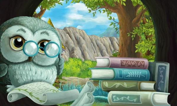 cartoon scene with owl in the tree hole in the forest reading book - illustration for children