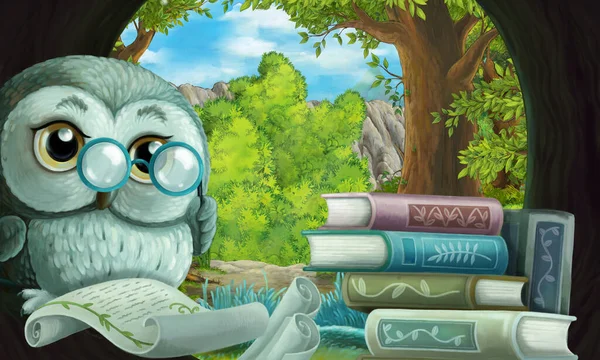 cartoon scene with owl in the tree hole in the forest reading book - illustration for children