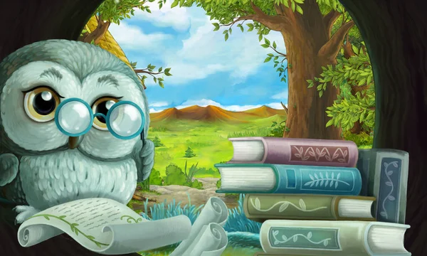 cartoon scene with owl in the tree hole in the forest reading book - illustration for children